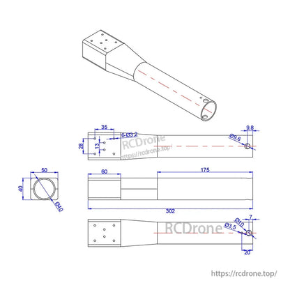 Dimensioned drawing of RJXHOBBY carbon fiber UAV arm with 40mm tube, ~302mm length, and mounting plate holes