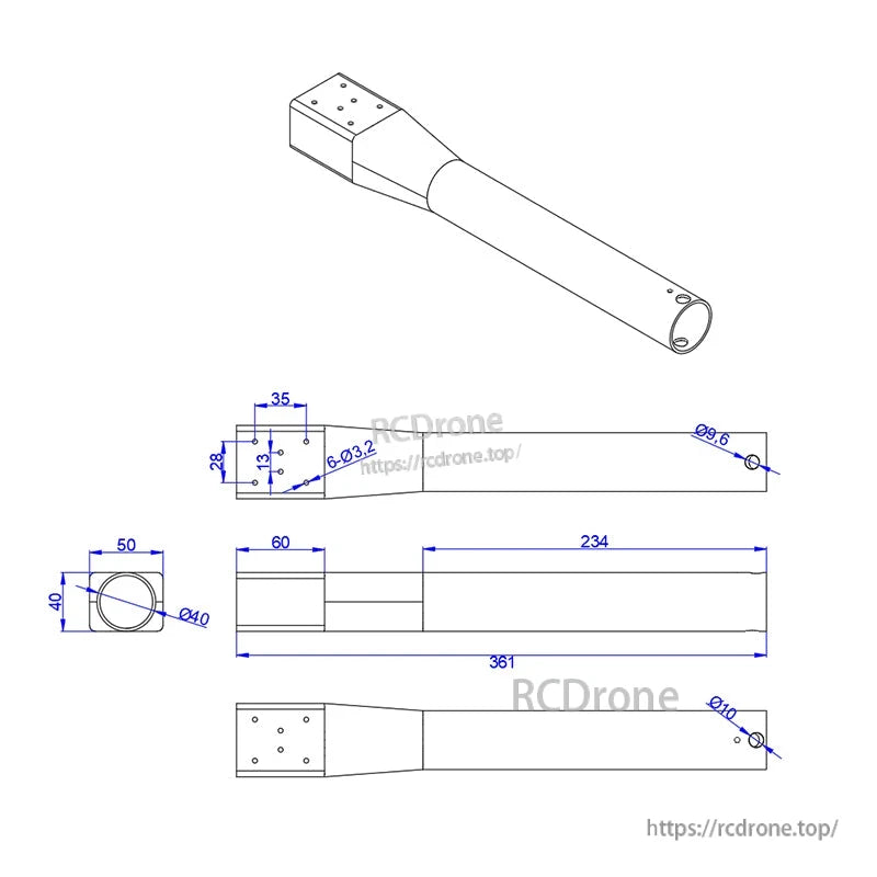 Technical drawing of D40 carbon fiber UAV arm, Ø40mm tube with mounting plate and 361mm overall length