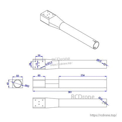 Technical drawing of D40 carbon fiber UAV arm, Ø40mm tube with mounting plate and 361mm overall length