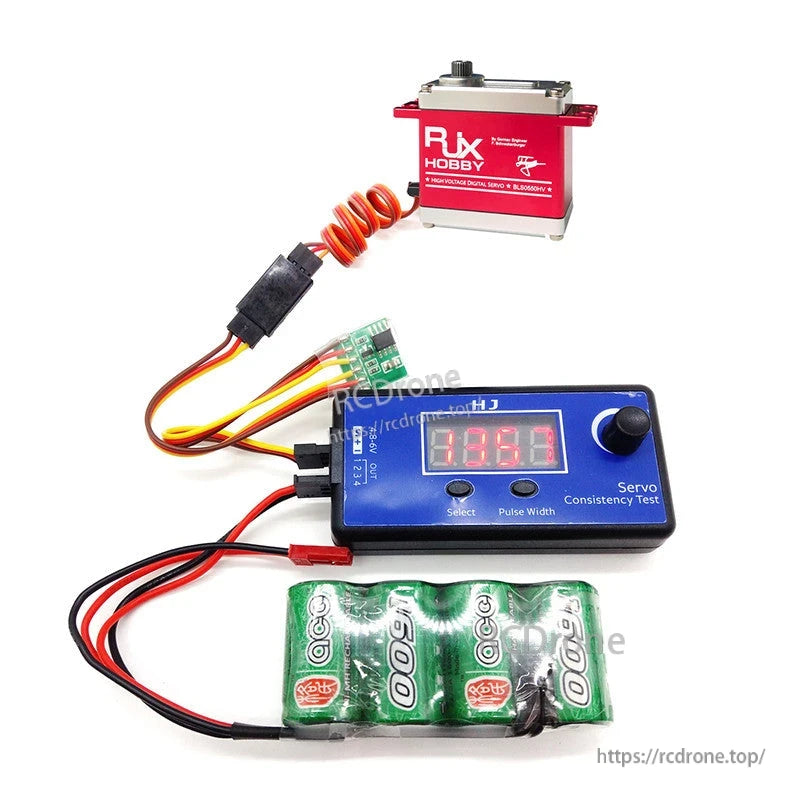 RJXHOBBY 4V-6V 2A Servo Signal Reverser, RJXHOBBY servo signal reverser module inline between servo and tester, with small green PCB and 3-wire leads