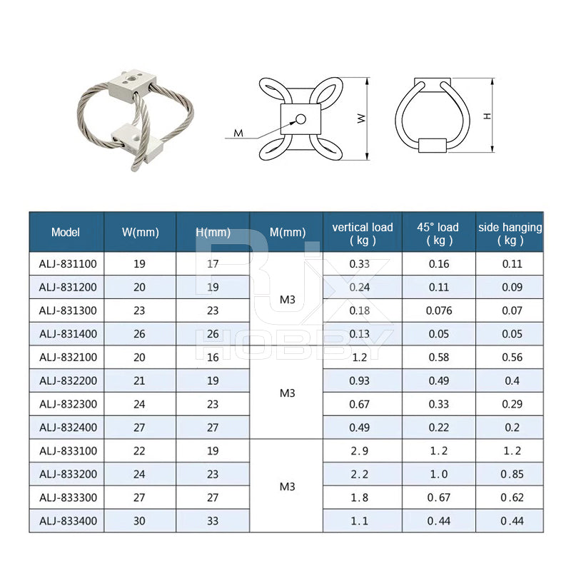 RJXHOBBY M3 steel wire rope vibration isolator gimbal dampener with size diagram and load table