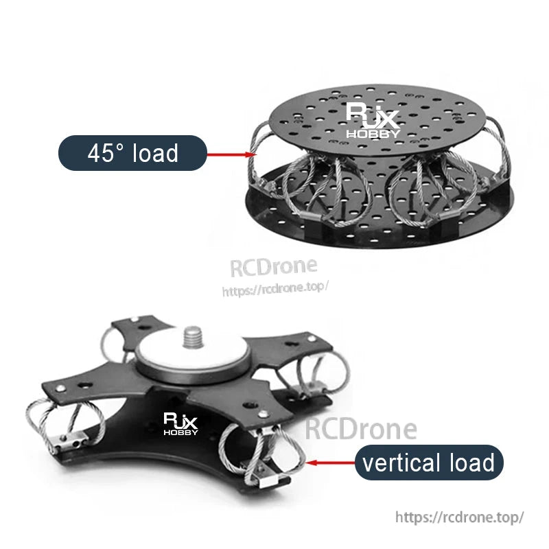 RJXHOBBY M3 wire rope vibration isolator gimbal mount with round plates, labeled 45° and vertical load