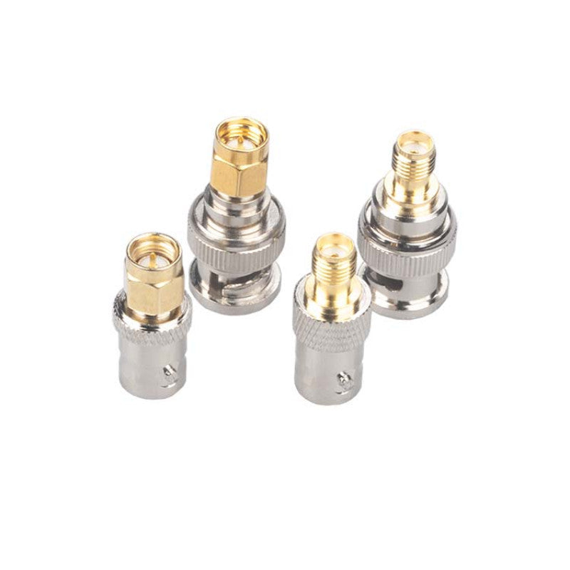 Four-piece SMA to BNC RF coaxial adapter set with gold-colored connector pins and silver knurled bodies