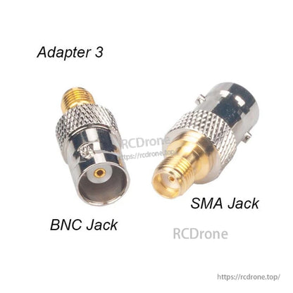 BNC jack to SMA jack RF coaxial adapter with knurled grip and gold-plated center contact