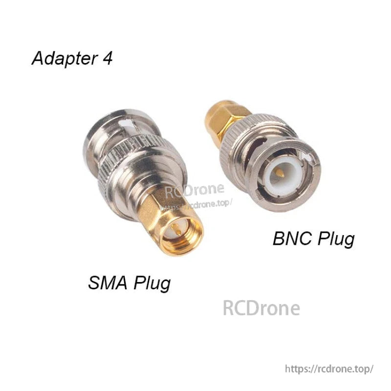 SMA plug to BNC plug RF coaxial adapter with gold-colored center pin and knurled BNC connector body