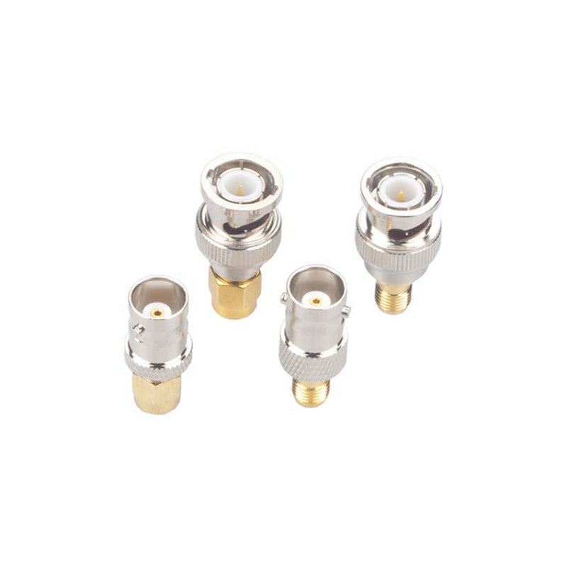 Set of four SMA to BNC RF coaxial adapters with silver BNC ends and gold threaded SMA connectors