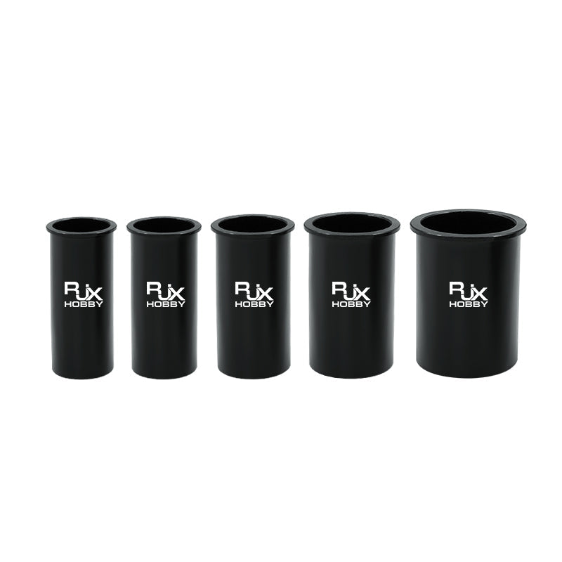 Set of five black RJX Hobby aluminum protector sleeve rings in assorted diameters for carbon tube landing gear
