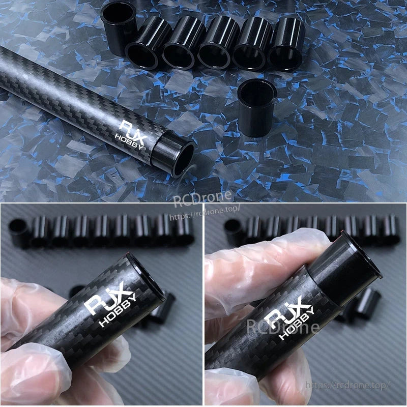 Black aluminum inner protector sleeve rings for carbon fiber tube ends, shown fitted into an RJXHOBBY tube