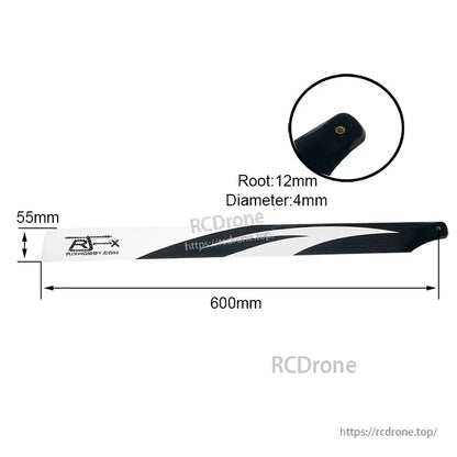 RJXHOBBY 600mm Carbon Fiber Main Rotor Blades, RJXHOBBY 600mm carbon fiber helicopter main rotor blade with 55mm width, 12mm root and 4mm bolt hole