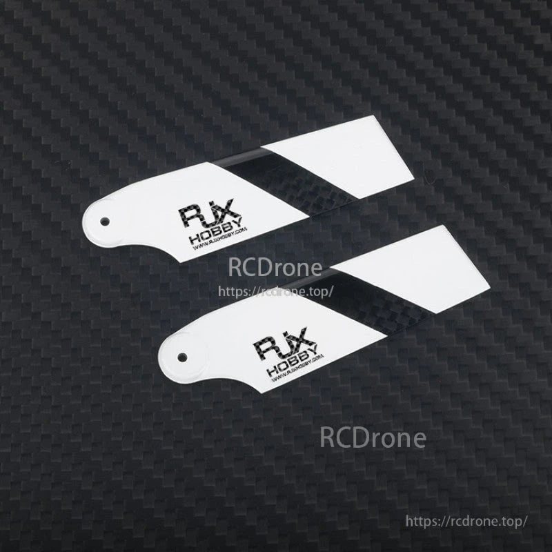Pair of RJXHOBBY 68mm carbon fiber tail rotor blades with white tips and mounting holes