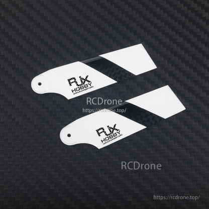 Pair of RJXHOBBY 68mm carbon fiber tail rotor blades with white tips and mounting holes