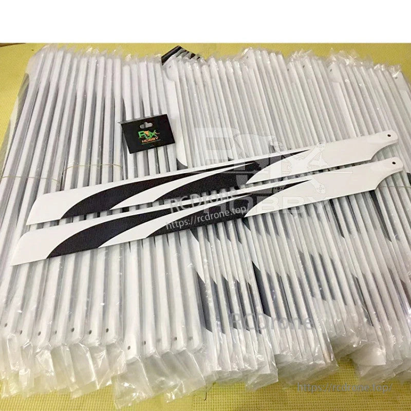 RJXHOBBY 710mm Premium Carbon Fiber Main Blades, RJXHOBBY 710mm carbon fiber helicopter main blades in white with black weave section and bolt holes