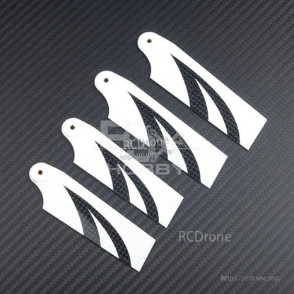 RJXHOBBY 95mm Tail Carbon Fiber Blades, Set of four carbon fiber tail rotor blades with white cutout design and single bolt hole at the root