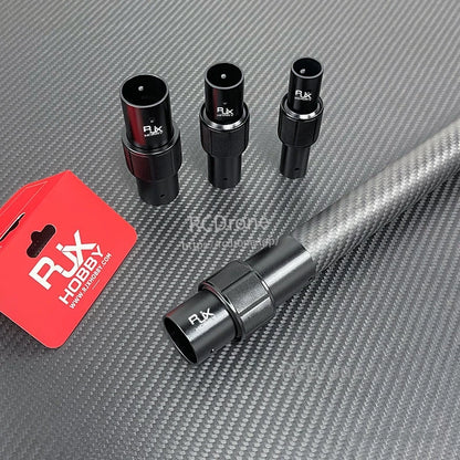 RJXHOBBY aluminum folding arm tube joint clamp on a carbon fiber tube, black finish with knurled collar
