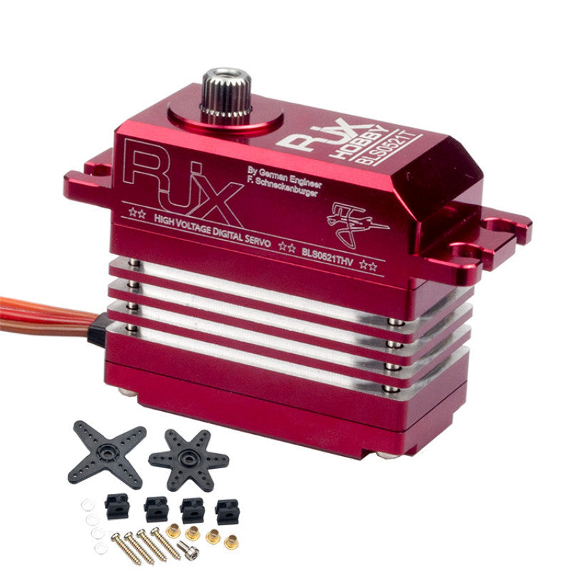 RJXHOBBY BLS0521THV red high-voltage digital tail servo with heatsink fins, spline output, and mounting hardware