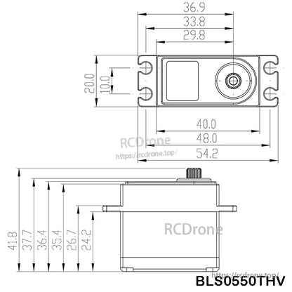 Dimension drawing of RJXHOBBY BLS0550THV standard tail servo showing 54.2 mm length and 41.8 mm height