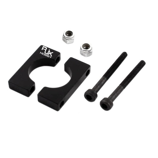 RJXHOBBY black anodized aluminum pipe clamp set with two clamp halves, two bolts, and two lock nuts