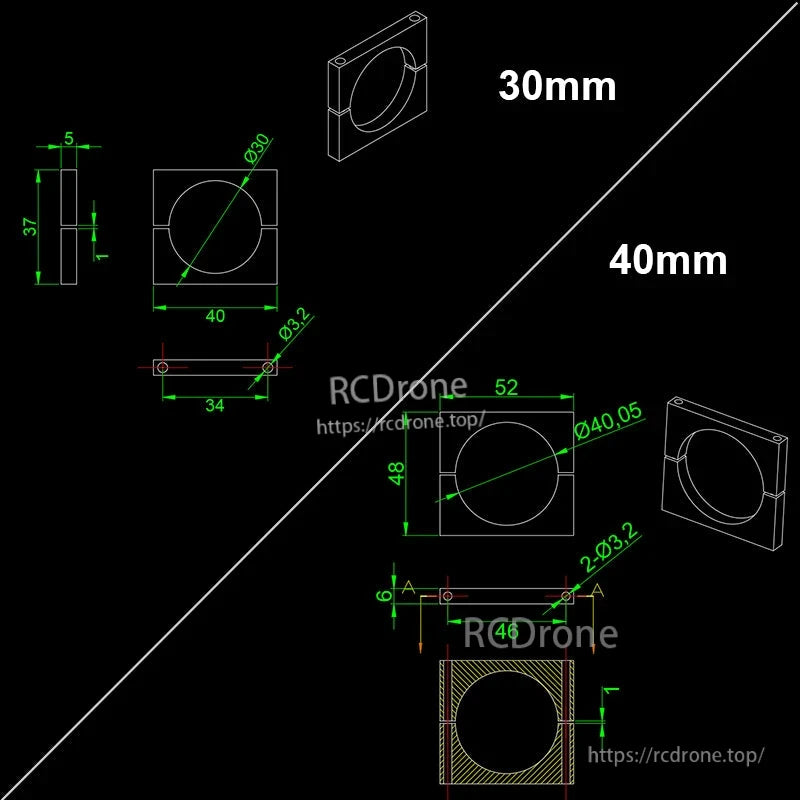 Dimensioned drawing of RJXHOBBY black anodized aluminum pipe clamp, split-ring style in 30mm and 40mm sizes