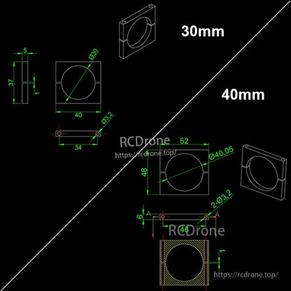 Dimensioned drawing of RJXHOBBY black anodized aluminum pipe clamp, split-ring style in 30mm and 40mm sizes