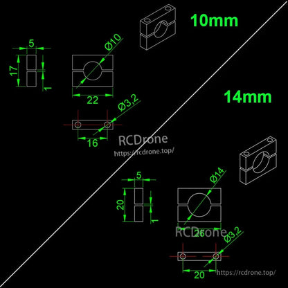 RJXHOBBY Black Anodized Aluminum Pipe Clamp, Dimension diagram for RJXHOBBY aluminum pipe clamp blocks in 10mm and 14mm sizes with 3.2mm mounting holes