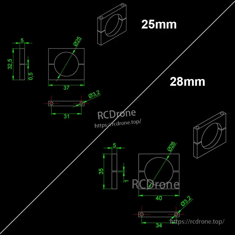 Dimensional drawing of RJXHOBBY black anodized aluminum pipe clamps in 25 mm and 28 mm sizes with detailed measurements.