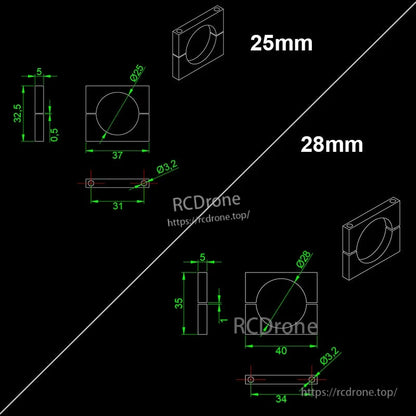 Dimensional drawing of RJXHOBBY black anodized aluminum pipe clamps in 25 mm and 28 mm sizes with detailed measurements.