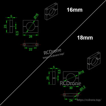 Dimension diagram of RJXHOBBY black anodized aluminum pipe clamp for 16mm and 18mm tubes with mounting hole spacing