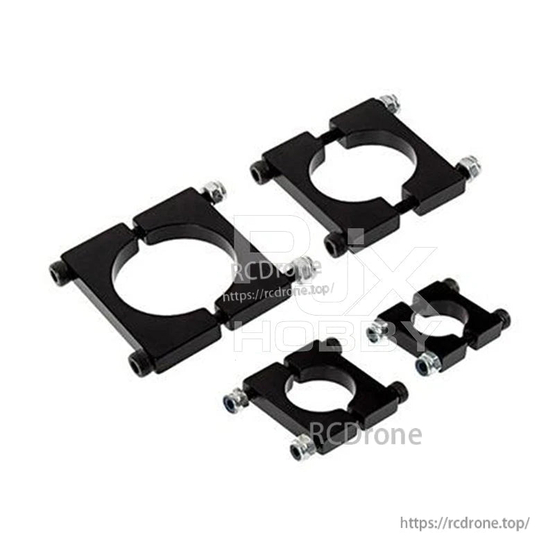 RJXHOBBY black anodized aluminum pipe clamps with bolt hardware, shown in multiple sizes