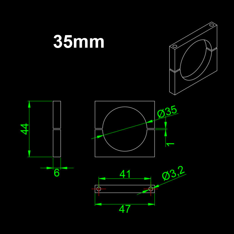 Dimension drawing of RJXHOBBY black anodized aluminum pipe clamp for 35 mm tube, Ø3.2 mm holes