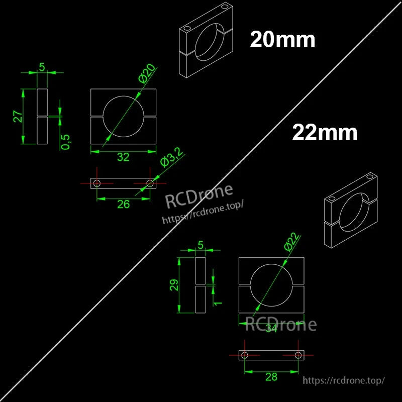 Technical drawing of RJXHOBBY black anodized aluminum pipe clamp showing dimensions for 20 mm and 22 mm tube sizes.