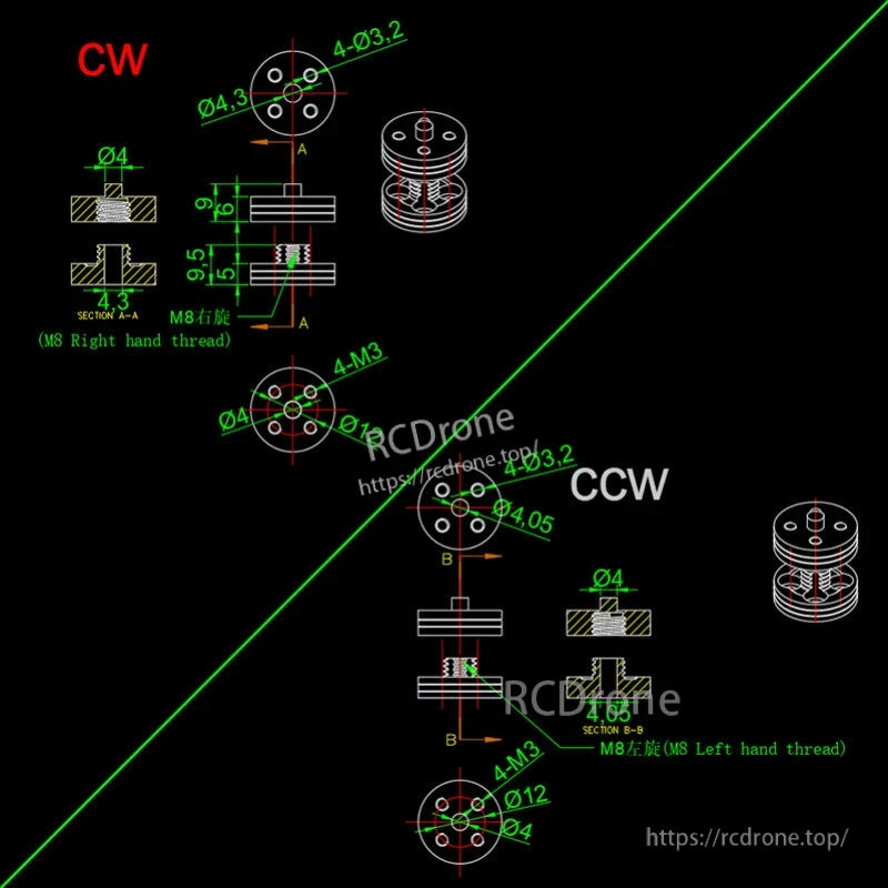 Technical drawing of RJXHOBBY CW/CCW quick release propeller mount with M8 RH/LH thread and 4x M3 holes