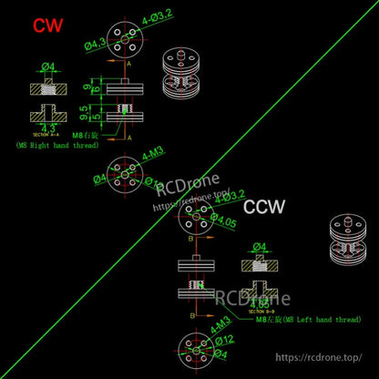 Technical drawing of RJXHOBBY CW/CCW quick release propeller mount with M8 RH/LH thread and 4x M3 holes