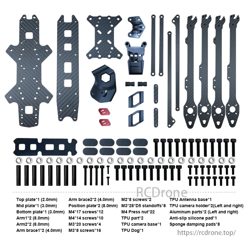 RJXHOBBY Carbon Fiber 15 Inch FPV Frame, RJXHOBBY FPV frame components: top/bottom plates, arms, braces, plates, screws, standoffs, TPU/aluminum parts, camera holder, antenna base, silicone pad, damping pads - all with detailed specs.