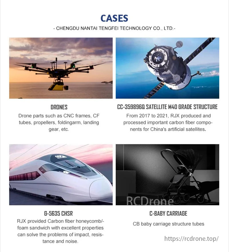 RJXHOBBY Carbon Fiber 15 Inch FPV Frame, Chengdu Nantai Tengfei Technology utilizes carbon fiber in drones, satellites, trains, and baby carriages, demonstrating advanced composite material expertise across various industries.
