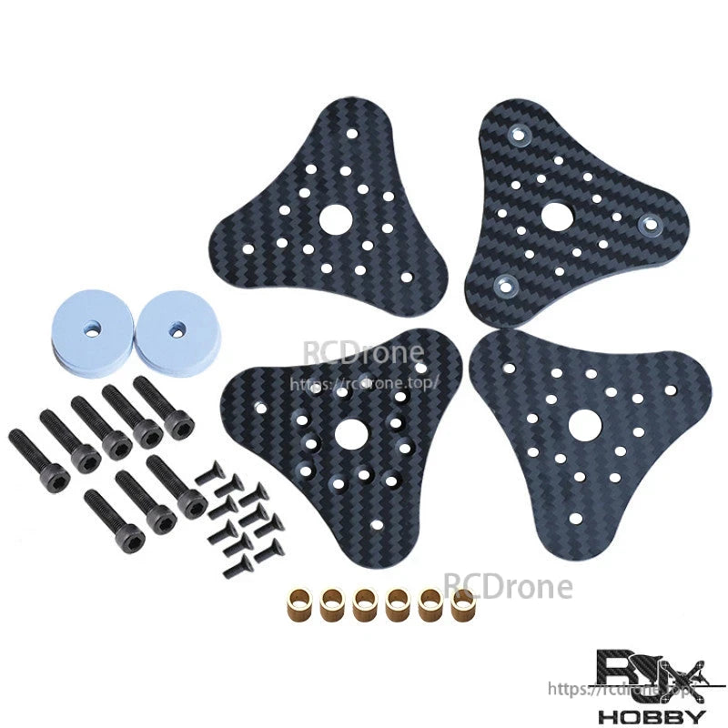 RJXHOBBY carbon fiber folding propeller kit with four drilled blade plates, bolts, screws, and spacers