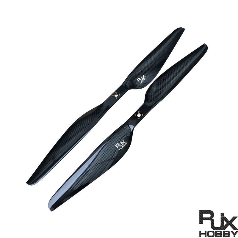 Pair of RJXHOBBY carbon fiber propeller blades with glossy black weave finish and mounting holes