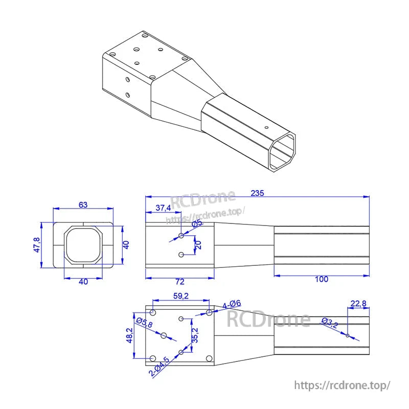 Technical drawing of octagonal carbon fiber UAV arm, 40mm tube with 235mm length and mounting hole dimensions.