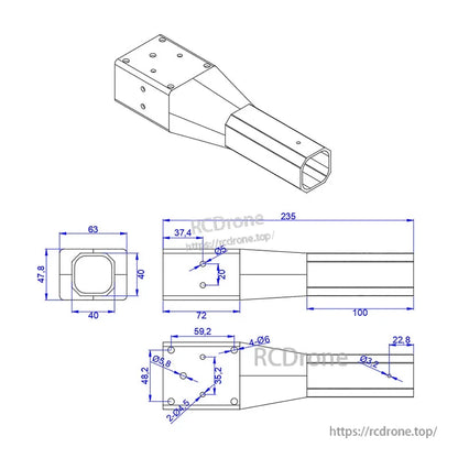 Technical drawing of octagonal carbon fiber UAV arm, 40mm tube with 235mm length and mounting hole dimensions.