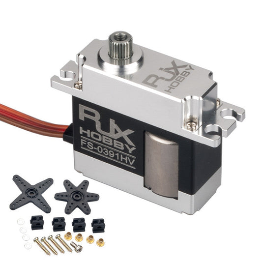RJXHOBBY FS0391HV Digital HV Mid Servo, RJXHOBBY FS-0391HV digital HV mid servo with metal case, spline output shaft, lead wire, and servo horns
