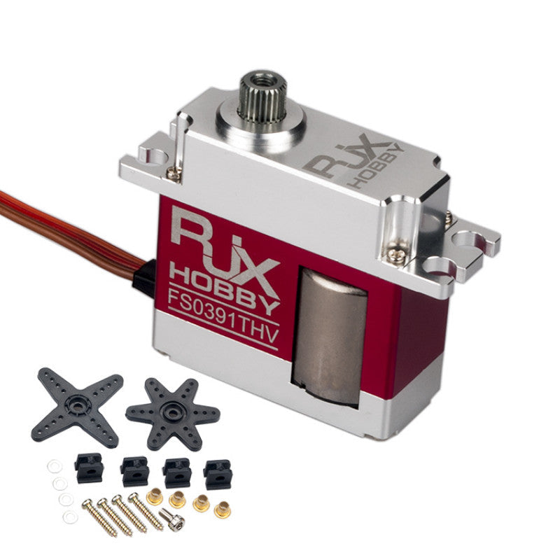RJXHOBBY FS0391THV digital HV mid tail servo with metal case, spline output shaft, and included horns and screws