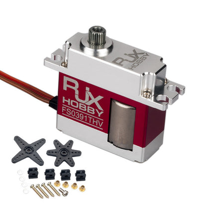 RJXHOBBY FS0391THV digital HV mid tail servo with metal case, spline output shaft, and included horns and screws