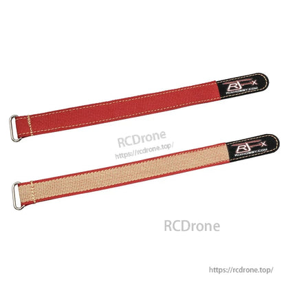 Two RJXHOBBY Kevlar battery straps with metal buckles, red webbing and beige Kevlar weave backing