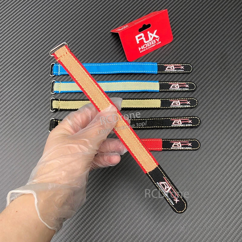 RJXHOBBY Kevlar battery strap with metal buckle, red and tan woven strap with RJX logo tab
