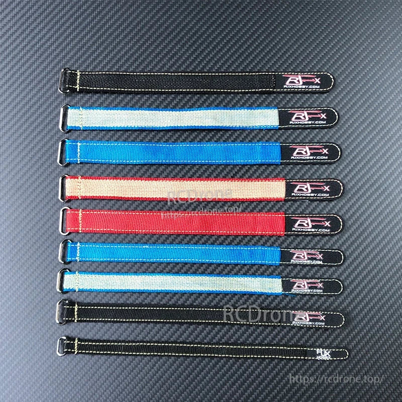 Assorted RJXHOBBY Kevlar battery straps with metal buckle loops in black, blue, red and tan