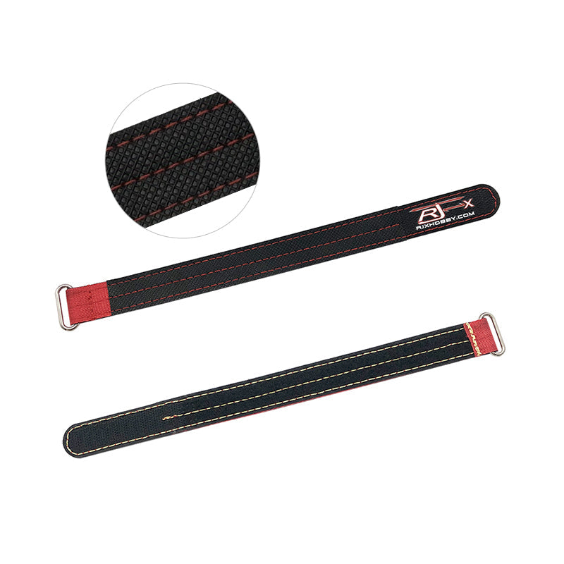 RJXHOBBY Kevlar Battery Strap, RJXHOBBY black Kevlar battery strap with red stitching and metal buckle loop, RJX logo on end