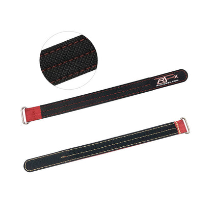 RJXHOBBY Kevlar Battery Strap, RJXHOBBY black Kevlar battery strap with red stitching and metal buckle loop, RJX logo on end