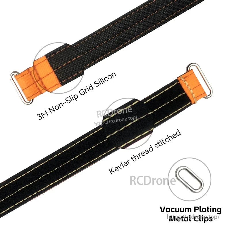RJXHOBBY Kevlar battery straps with non-slip silicone backing, stitched edges, and metal buckle clips