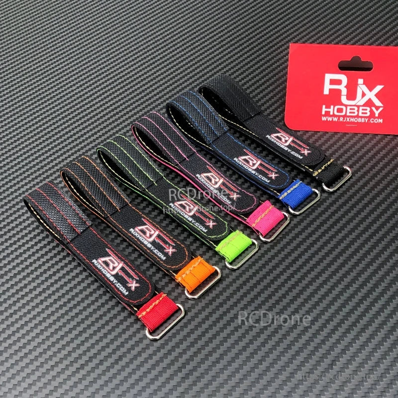 RJXHOBBY Kevlar battery straps with metal buckles, black webbing and colored stitching and pull tabs
