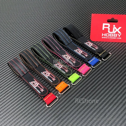 RJXHOBBY Kevlar battery straps with metal buckles, black webbing and colored stitching and pull tabs
