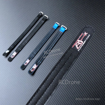 RJXHOBBY Kevlar Battery Strap, RJXHOBBY woven battery strap with metal buckle and logo patch, shown alongside multiple strap sizes